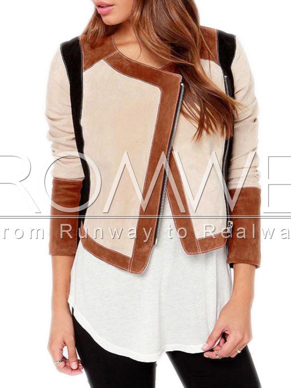 Romwe Apricot Long Sleeve Zipper Crop Jacket