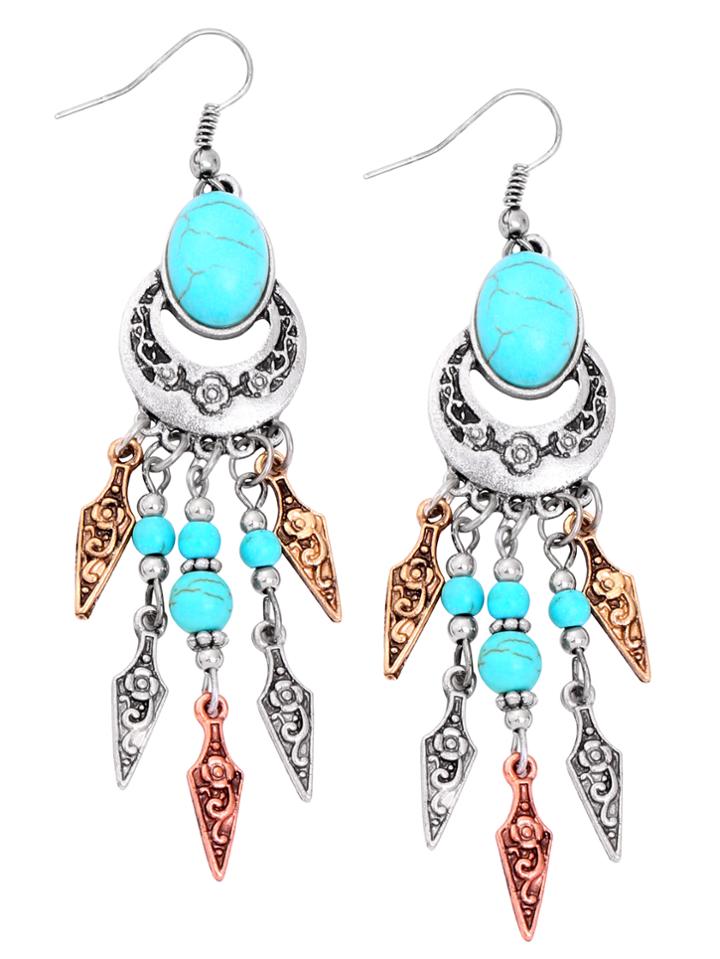 Romwe Silver Turquoise Embellished Arrow Fringe Earrings