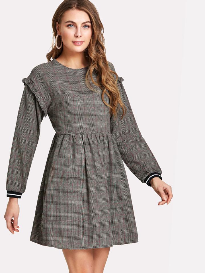 Romwe Frill Trim Striped Cuff Plaid Smock Dress