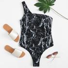 Romwe Marble Print One Shoulder One Piece Swimsuit