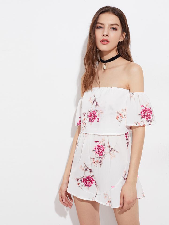 Romwe Bardot Random Florals Frill Hem Layered Romper