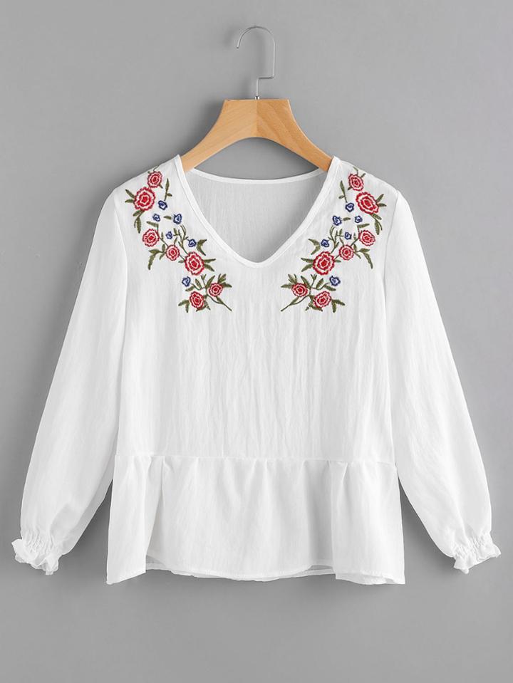 Romwe V Neckline Floral Embroidered Frill Hem Blouse