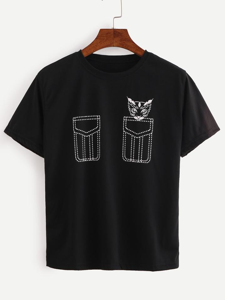 Romwe Black Cat Print False Pocket T-shirt