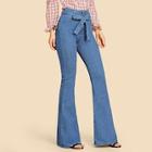 Romwe Waist Belted Solid Flare Jeans