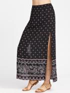 Romwe Ornate Print High Slit Side Longline Skirt