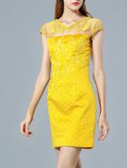 Romwe Yellow Cap Sleeve Contrast Gauze Embroidered Dress