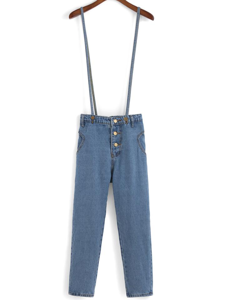 Romwe Straps Single-breasted Denim Jumpsuit