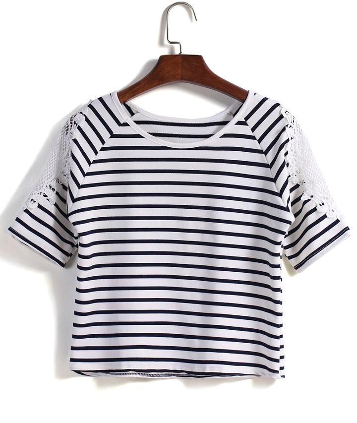 Romwe Striped Hollow Lace Crop T-shirt