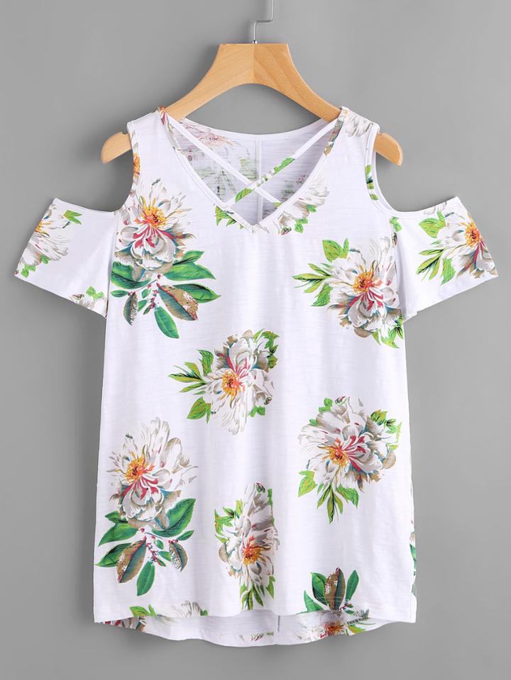 Romwe Flower Print Criss Cross V Neck Open Shoulder Tee