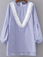 Romwe Blue Vertical Striped Ruffle Dip Hem Dress