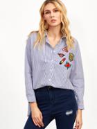 Romwe Blue Vertical Striped High Low Embroidered Blouse