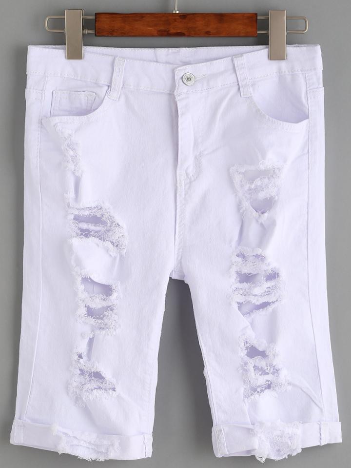 Romwe White Distressed Roll Hem Denim Shorts