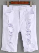 Romwe White Distressed Roll Hem Denim Shorts
