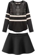 Romwe Black Round Neck Long Sleeve Hollow Top With Skirt