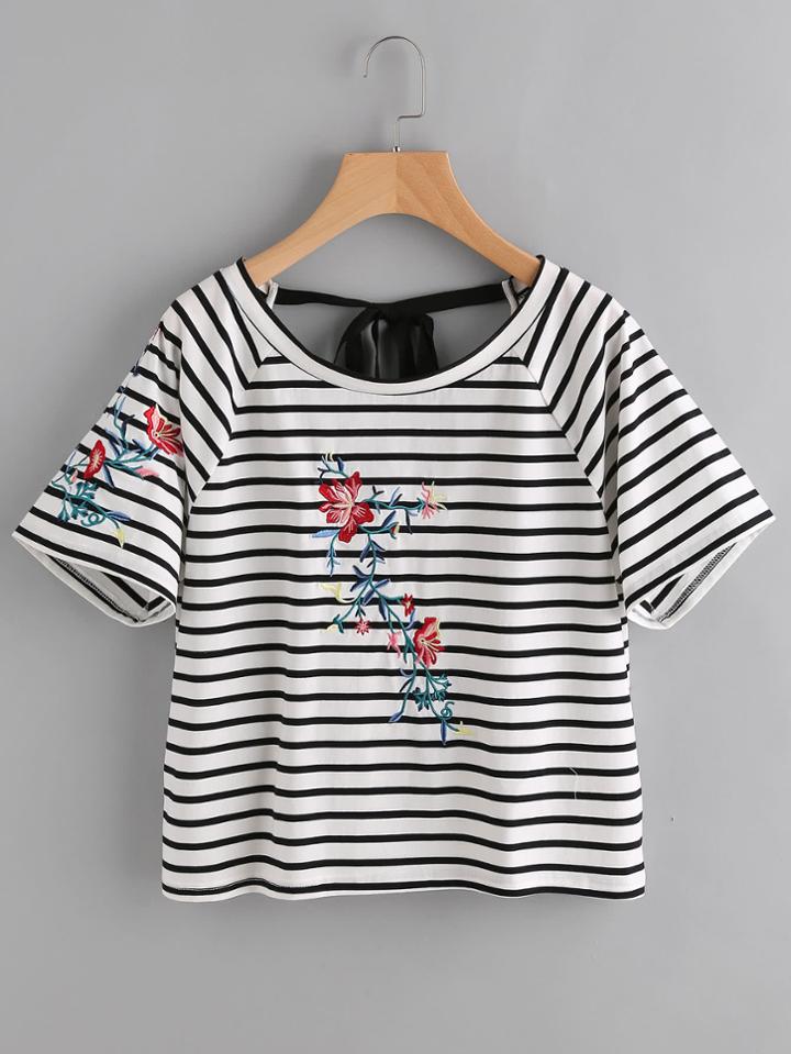 Romwe Raglan Sleeve Tied V Back Embroidered Tee