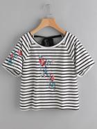 Romwe Raglan Sleeve Tied V Back Embroidered Tee