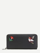 Romwe Black Bird Embroidery Textured Wallet