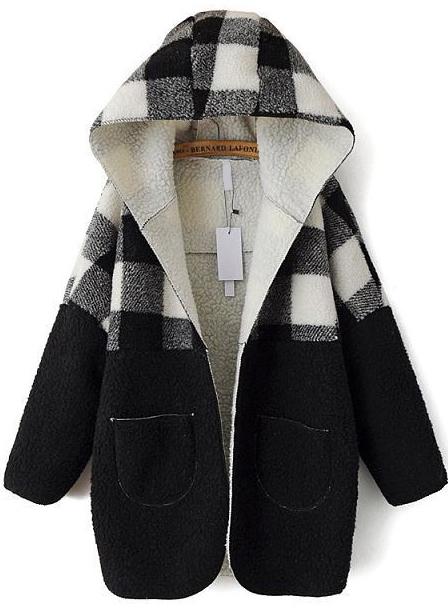 Romwe Vintage Black And White Patchwork Hooded Coat