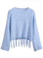 Romwe Blue Fringe Hem Sweater