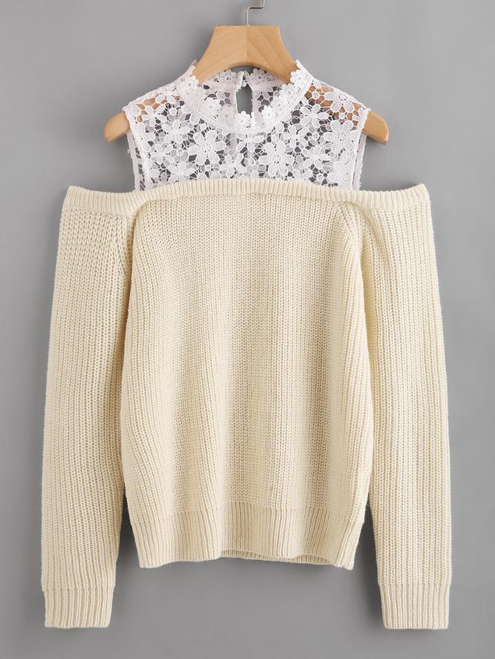 Romwe Illusion Floral Lace Neck Jumper