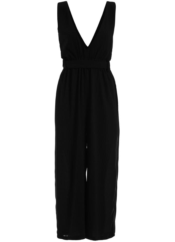 Romwe Deep V Neck Sleeveless Black Jumpsuit