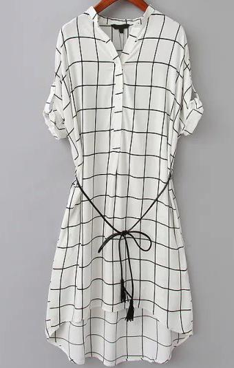 Romwe V Neck Dip Hem Plaid Blouse