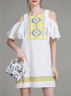 Romwe White Open The Shoulder Embroidered Ruffle Dress