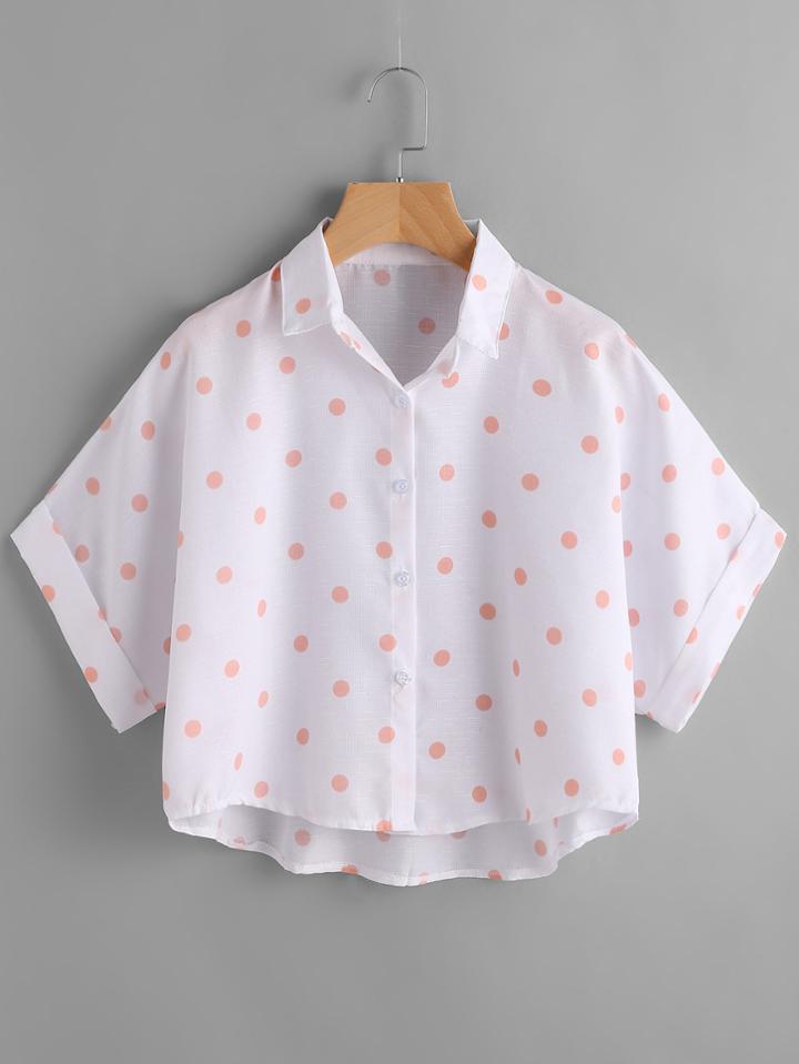 Romwe Textured Dots Dip Hem Cuffed Blouse