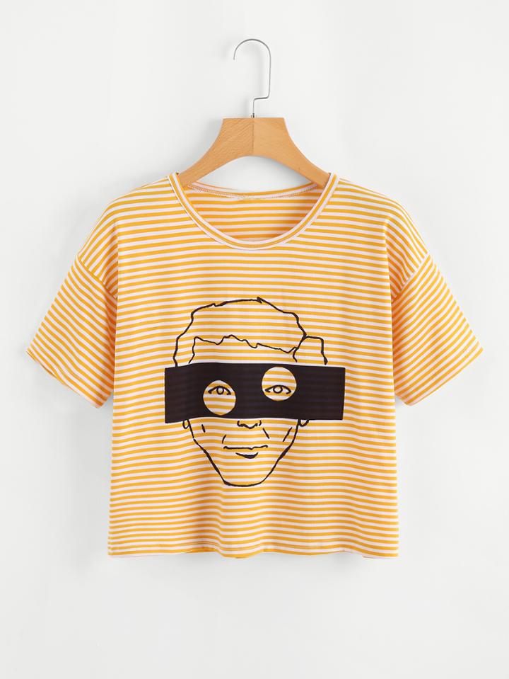 Romwe Figure Print Striped Tee
