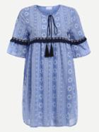 Romwe Tassel Tie-neck Woven Tape Embellished Printed Dress - Blue