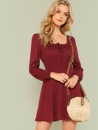 Romwe Tie Front Shirred Detail Fit & Flare Dress