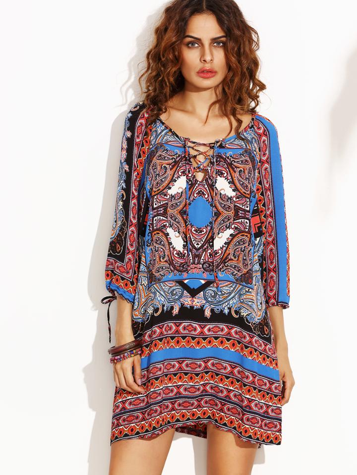 Romwe Vintage Print Tie Sleeve Lace Up Tunic Dress