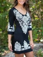 Romwe V Neck Bell Sleeve Embroidered Sheath Black Dress