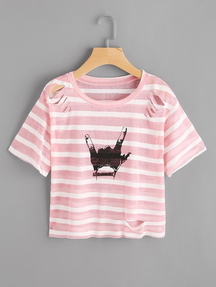 Romwe Love Gesture Print Stripe Ripped Tee