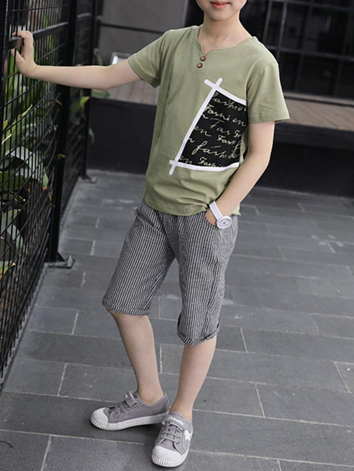 Romwe Letter Print Tee With Striped Shorts