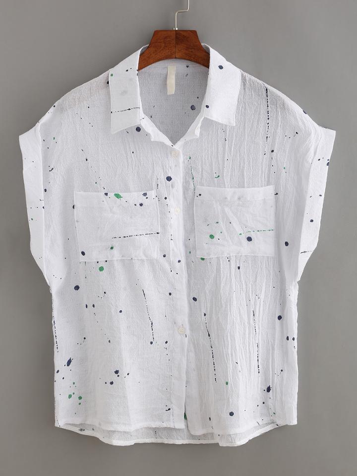 Romwe Paint Splatter Print Dual Pocket Cap Sleeve Blouse