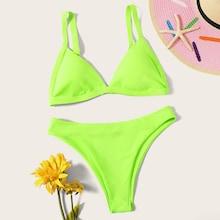 Romwe Neon Lime Triangle Top With High Cut Bikini Set