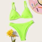Romwe Neon Lime Triangle Top With High Cut Bikini Set