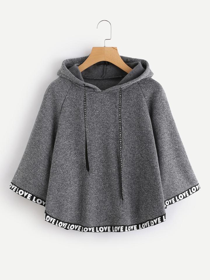 Romwe Letter Print Tape Hem Hooded Cape Coat