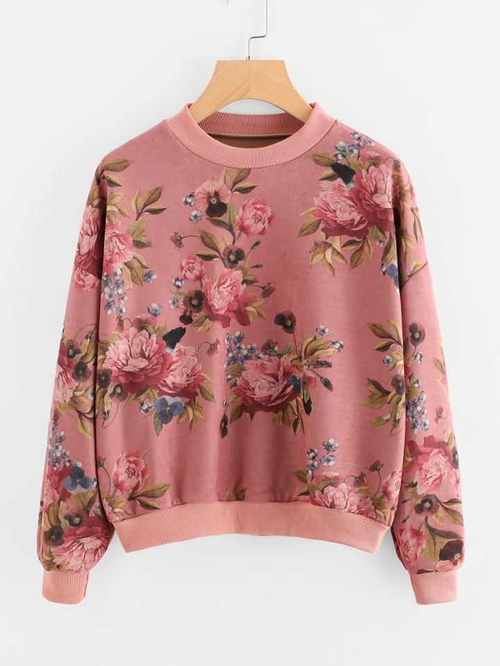 Romwe Drop Shoulder Floral Random Print Sweatshirt