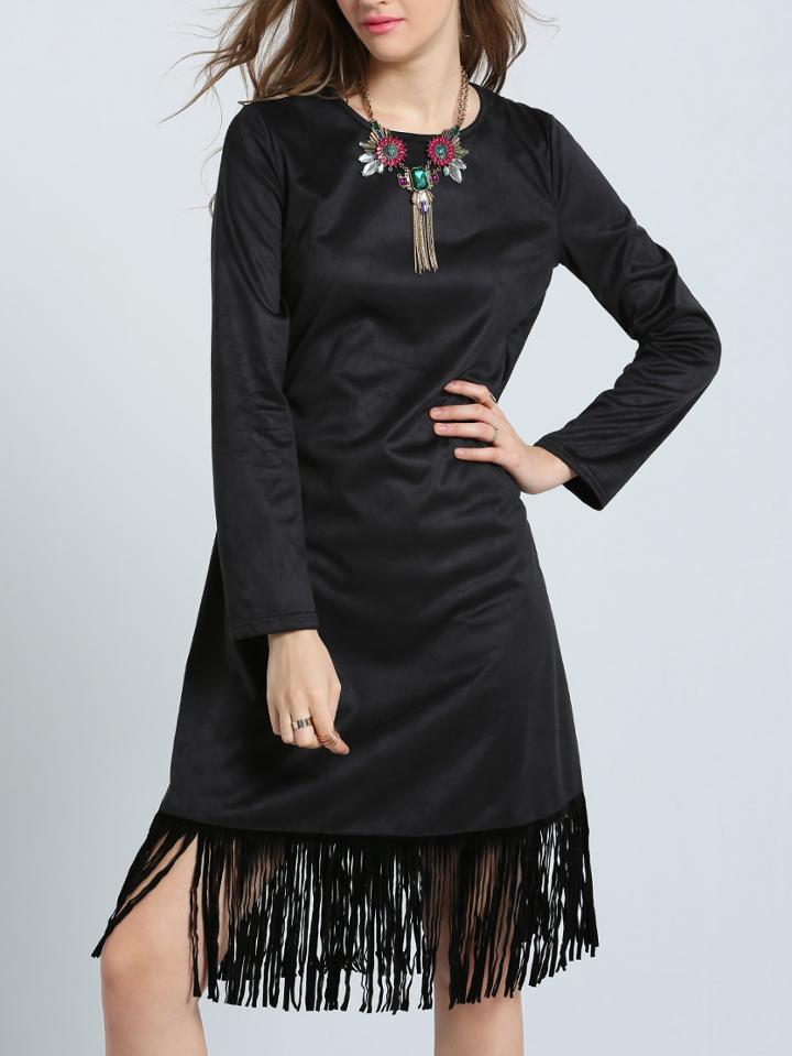 Romwe Long Sleeve Fringes Straight Dress