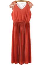 Romwe V Neck Lace Embroidered Orange Dress