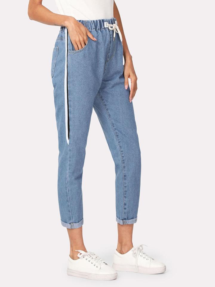 Romwe Drawstring Waist Roll Up Hem Jeans