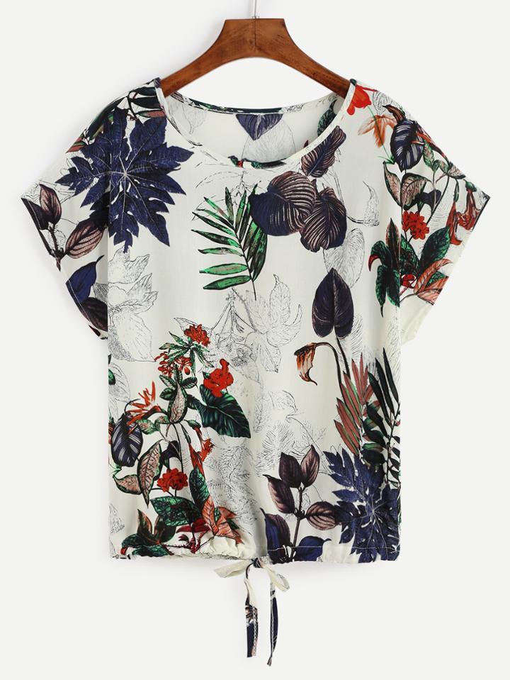 Romwe Tropical Print Drawstring Hem T-shirt