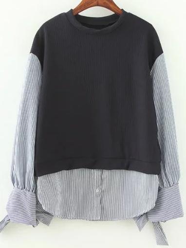 Romwe Contrast Striped Tie Cuff Blouse