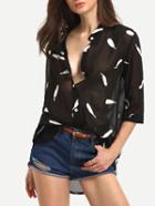 Romwe Feather Print High-low Sheer Blouse
