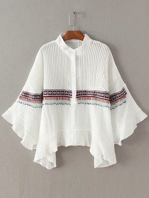 Romwe White Tribal Embroidery Ruffle Beaded Fringe Batwing Blouse