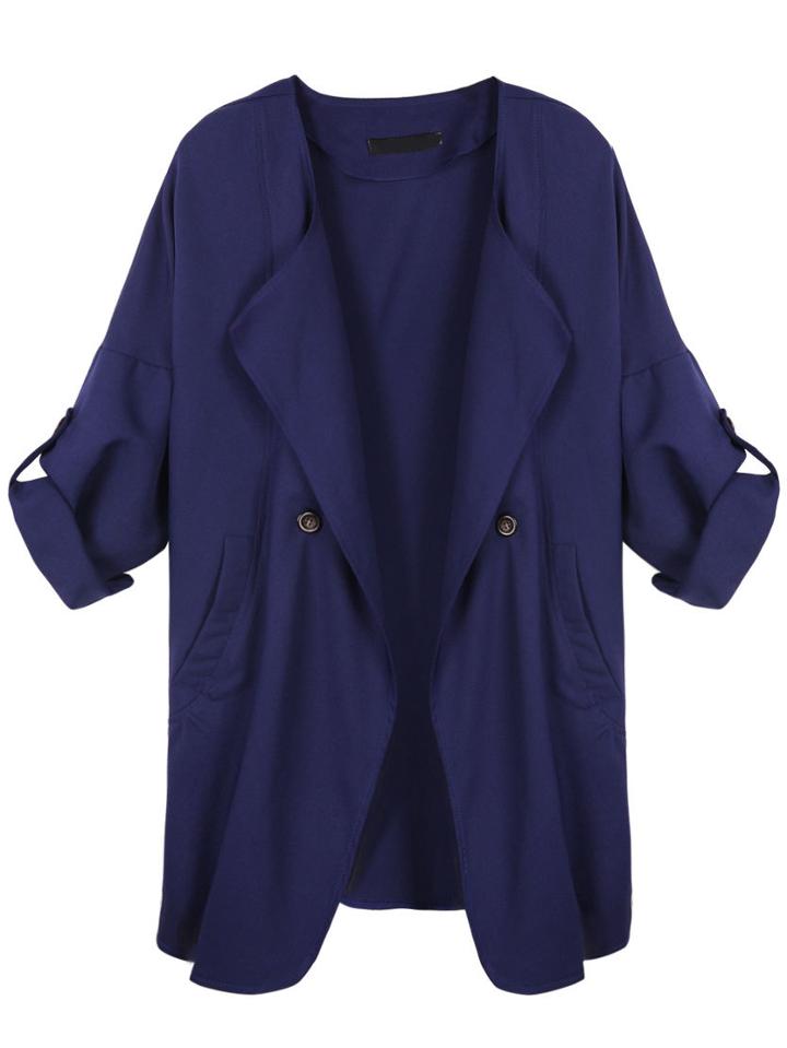 Romwe Drape Front Buttons Royal Blue Coat
