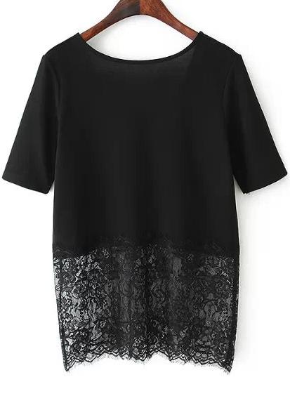 Romwe Black Short Sleeve Lace Hem Backless Blouse