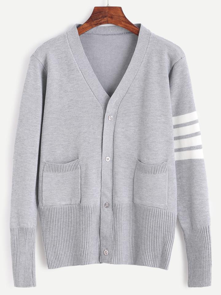 Romwe Heather Grey Striped V Neck Pockets Sweater Coat